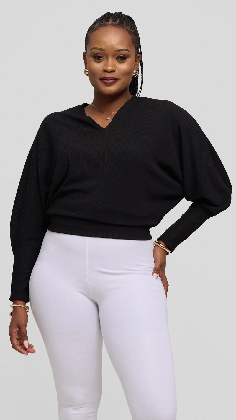 Vivo Tanda V-Neck Top in Stretch Rib - Black