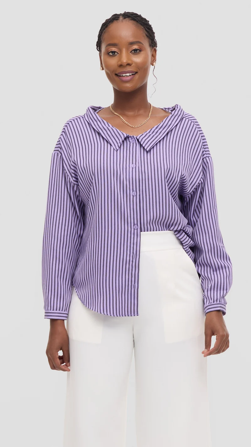 Vivo Drop Shoulder Top in Cotton - Purple / Black Pinstripe Print