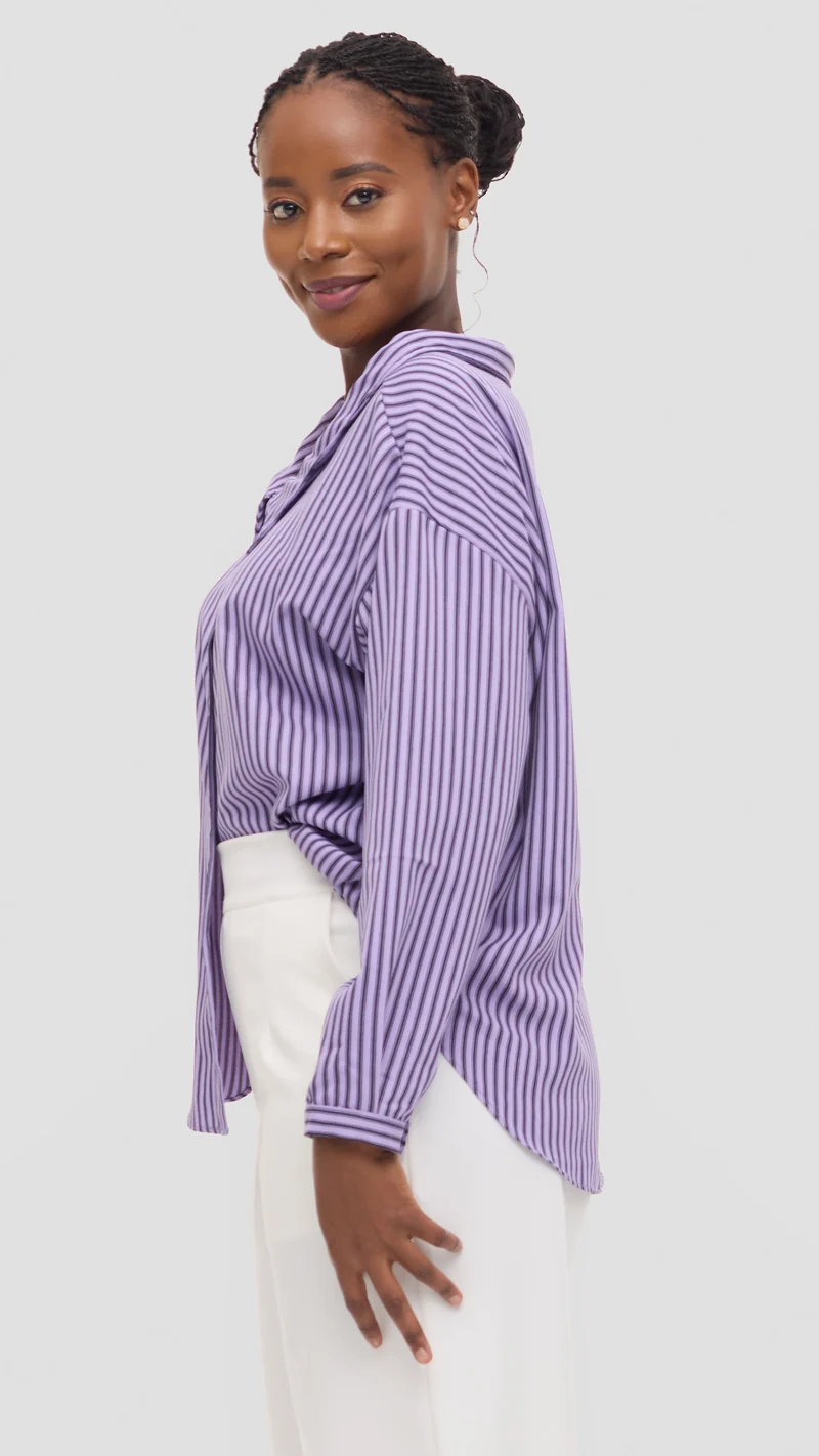 Vivo Drop Shoulder Top in Cotton - Purple / Black Pinstripe Print