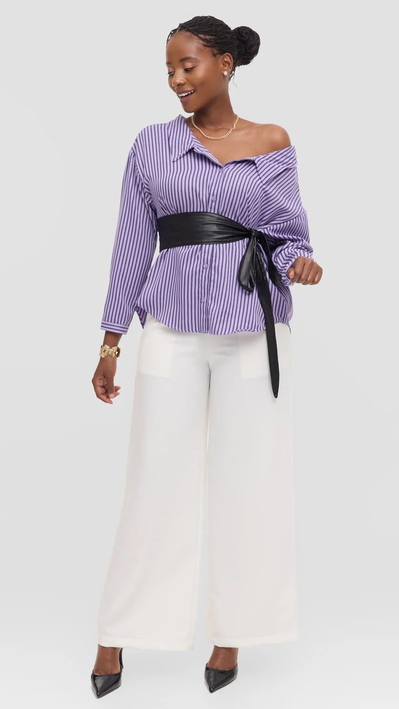 Vivo Drop Shoulder Top in Cotton - Purple / Black Pinstripe Print