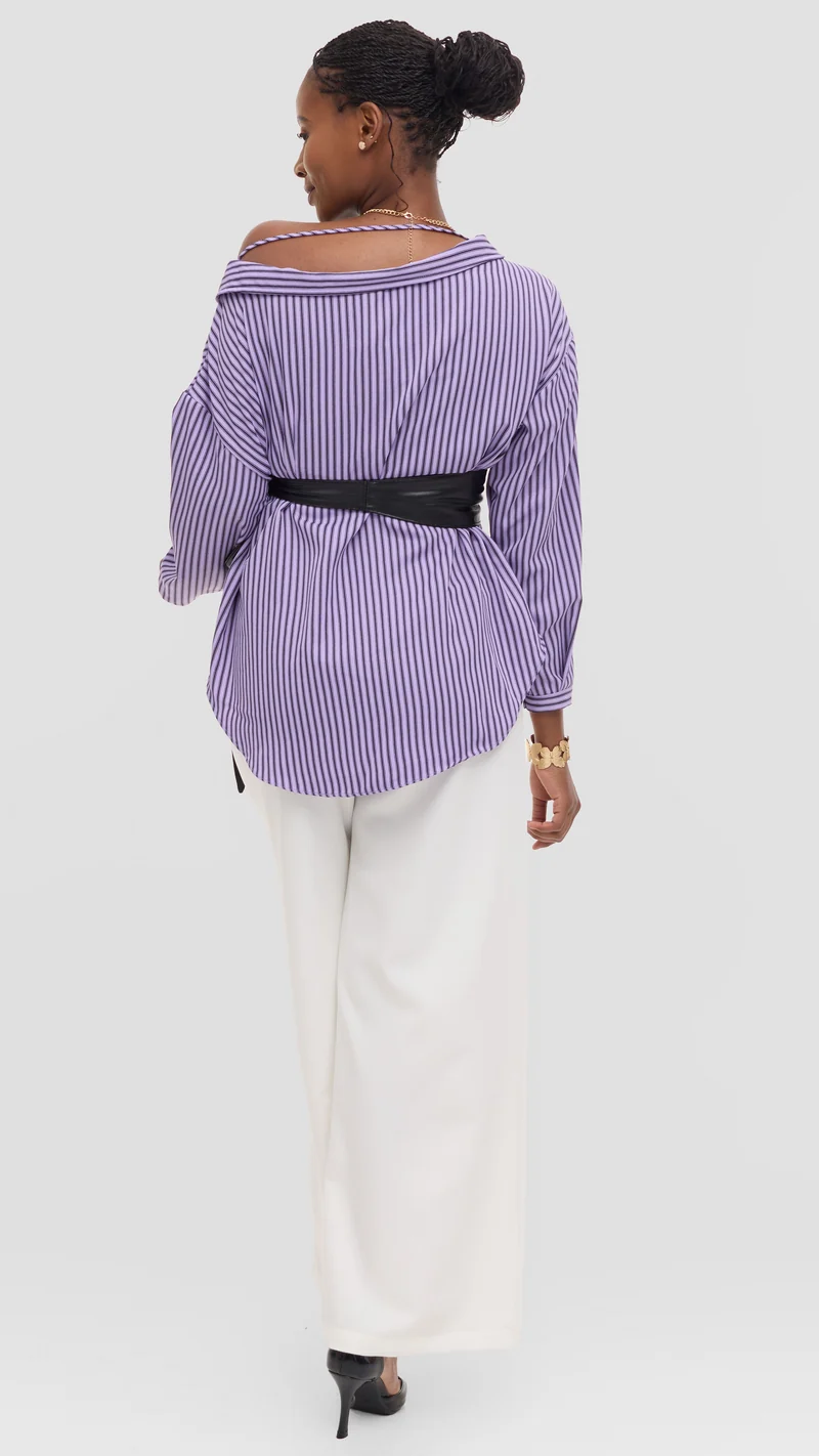 Vivo Drop Shoulder Top in Cotton - Purple / Black Pinstripe Print