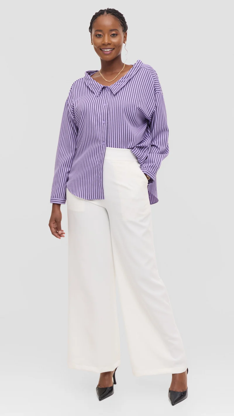 Vivo Drop Shoulder Top in Cotton - Purple / Black Pinstripe Print
