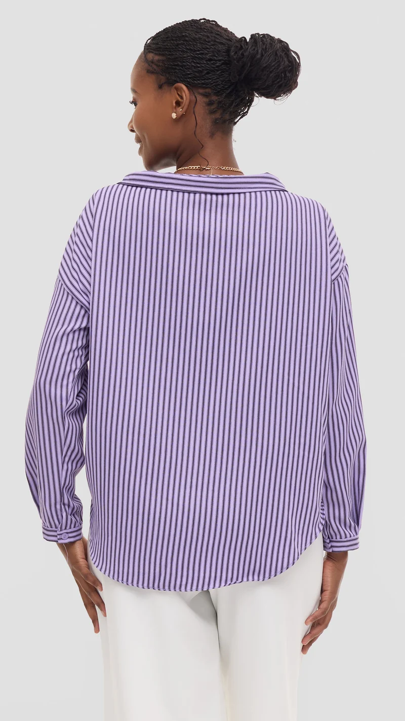 Vivo Drop Shoulder Top in Cotton - Purple / Black Pinstripe Print