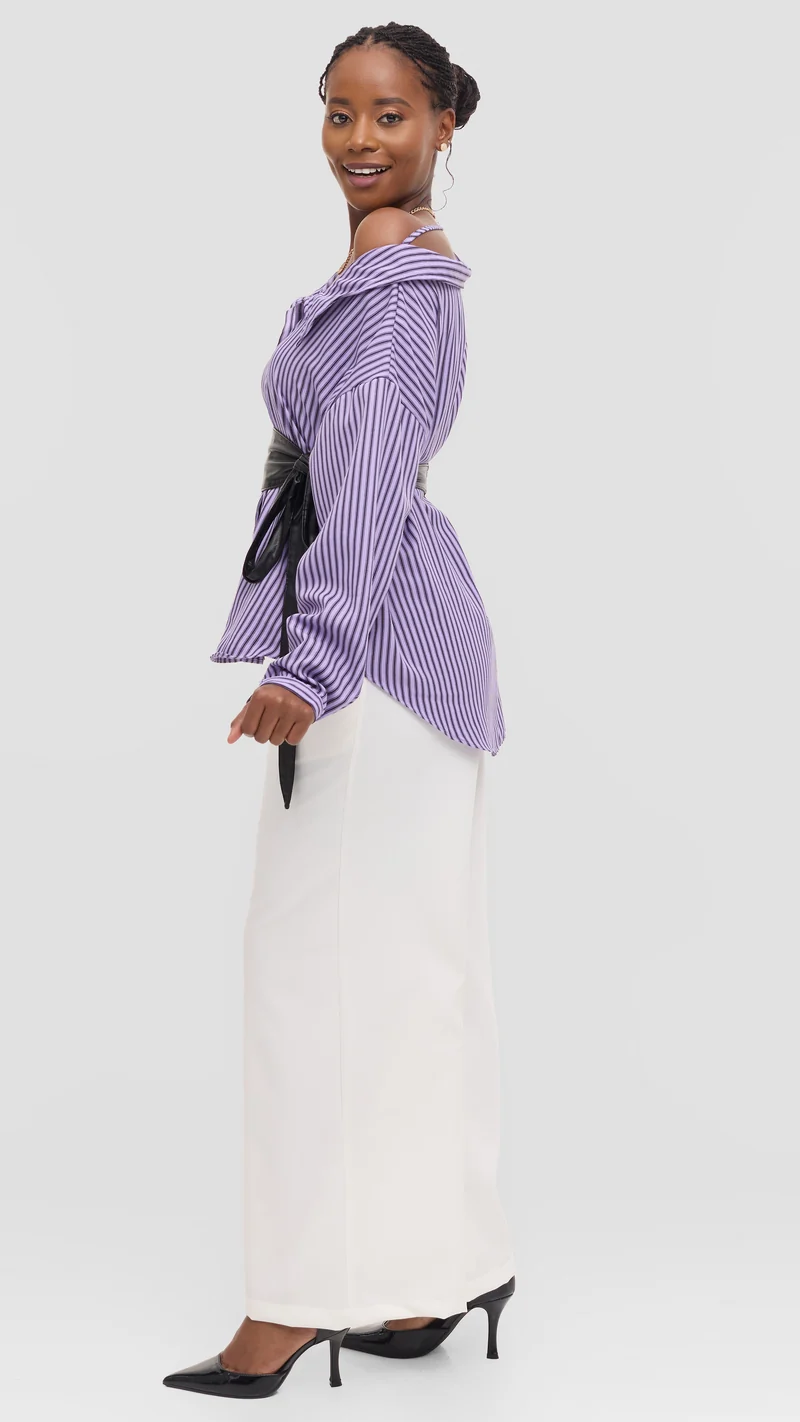 Vivo Drop Shoulder Top in Cotton - Purple / Black Pinstripe Print
