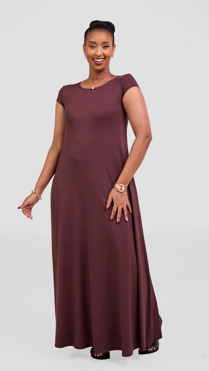 Vivo Leila Cap Sleeved Tent Maxi Dress- Dark Brown