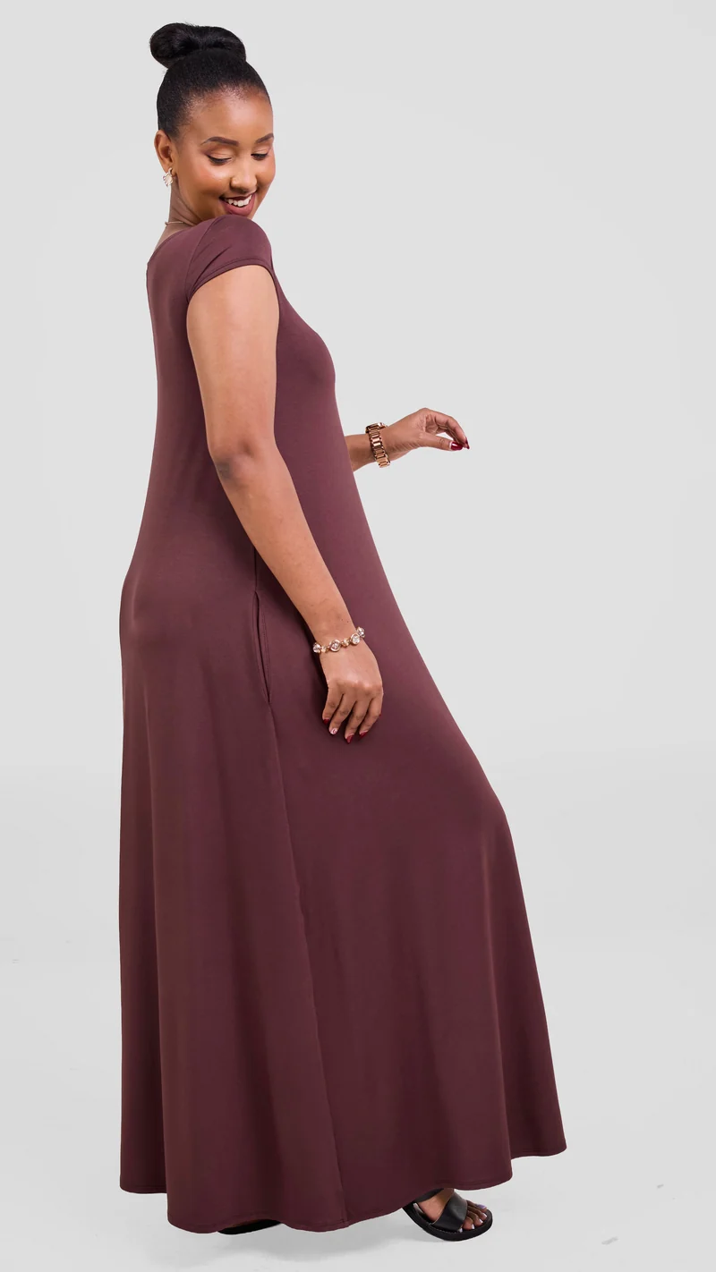 Vivo Leila Cap Sleeved Tent Maxi Dress- Dark Brown