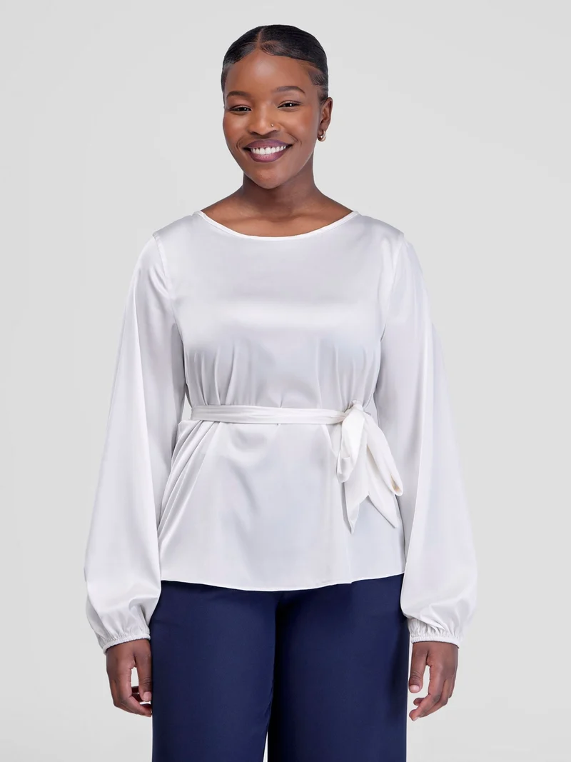 Vivo Basic Satin Bishop Sleeved Top - White