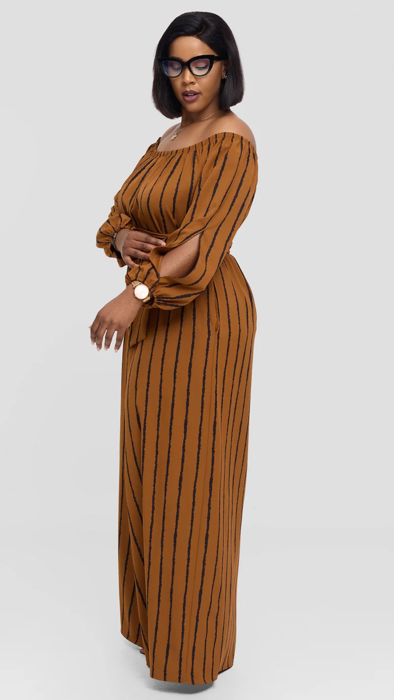 Vivo Yumi Off Shoulder Jumpsuit In Crepe - Rust / Black Print
