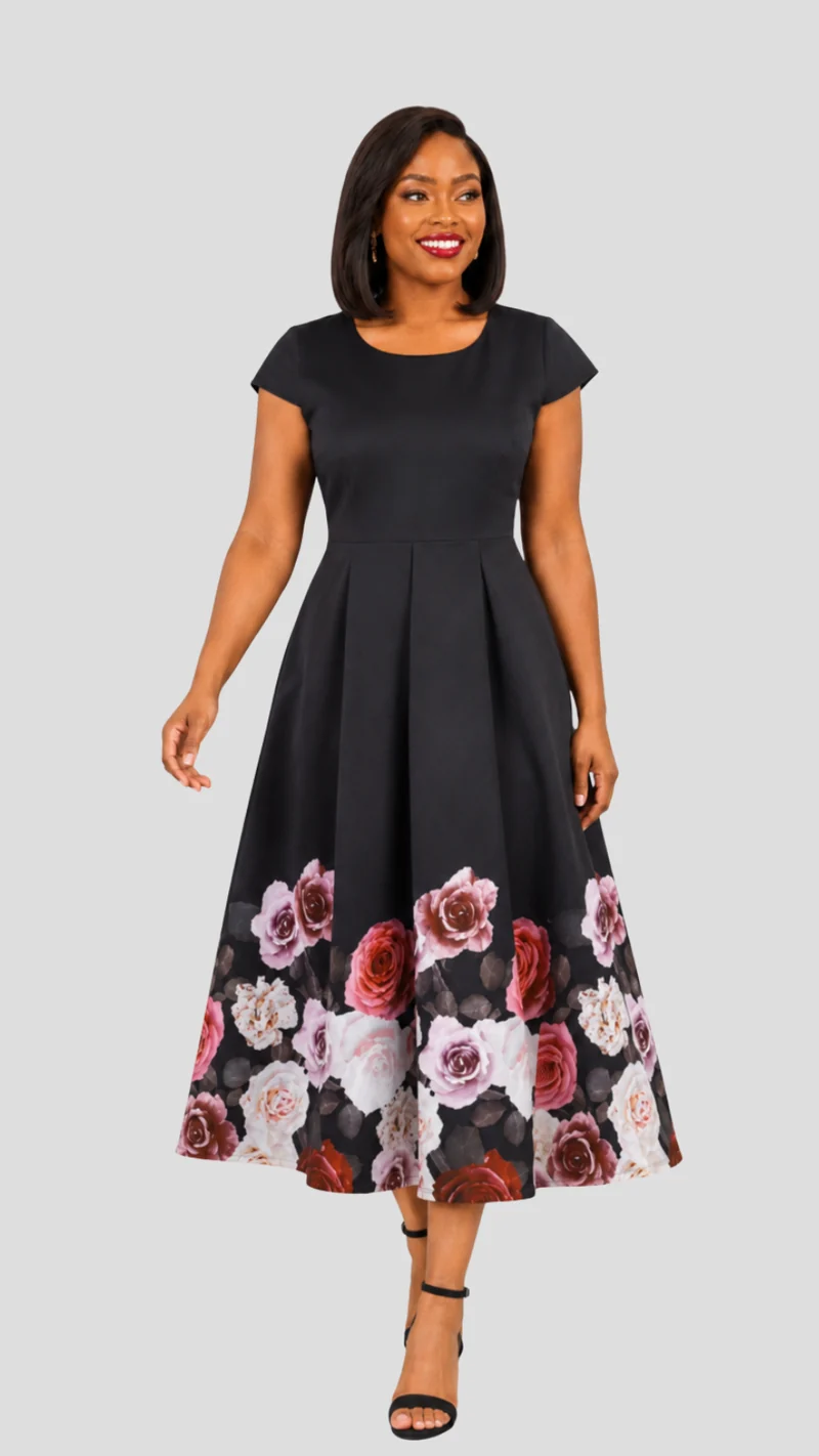 The Fashion Frenzy Novella Rose Midi Dress - Black