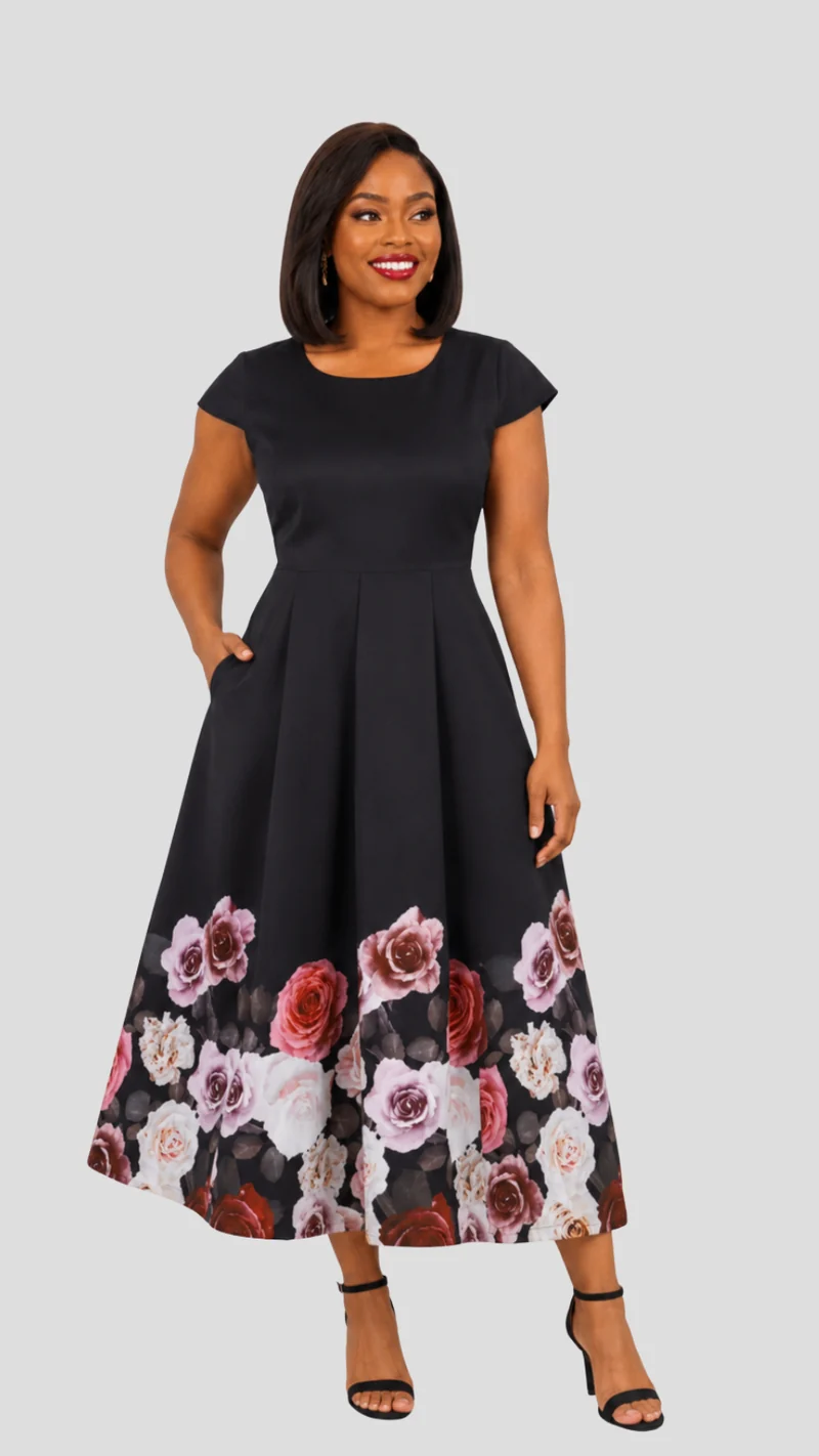 The Fashion Frenzy Novella Rose Midi Dress - Black