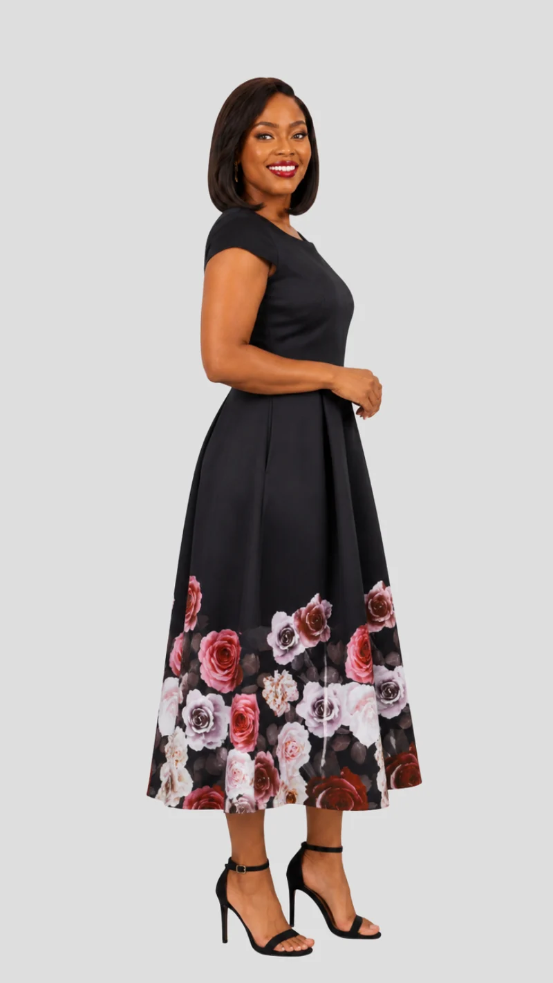 The Fashion Frenzy Novella Rose Midi Dress - Black