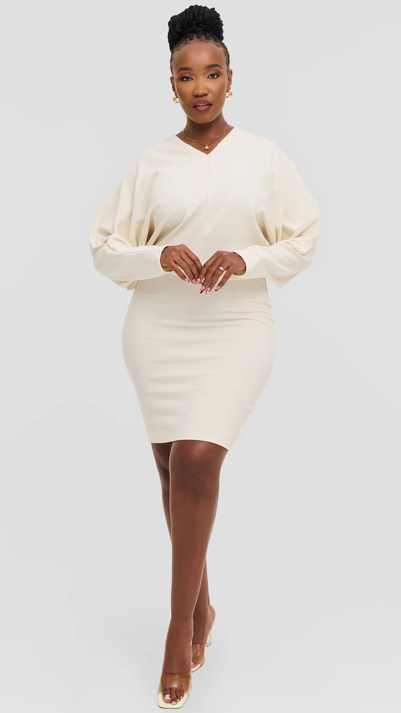 Vivo V-Neck Dress in Stretch Rib - Off White