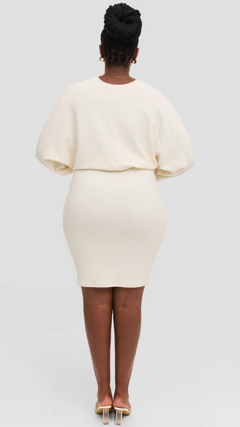 Vivo V-Neck Dress in Stretch Rib - Off White