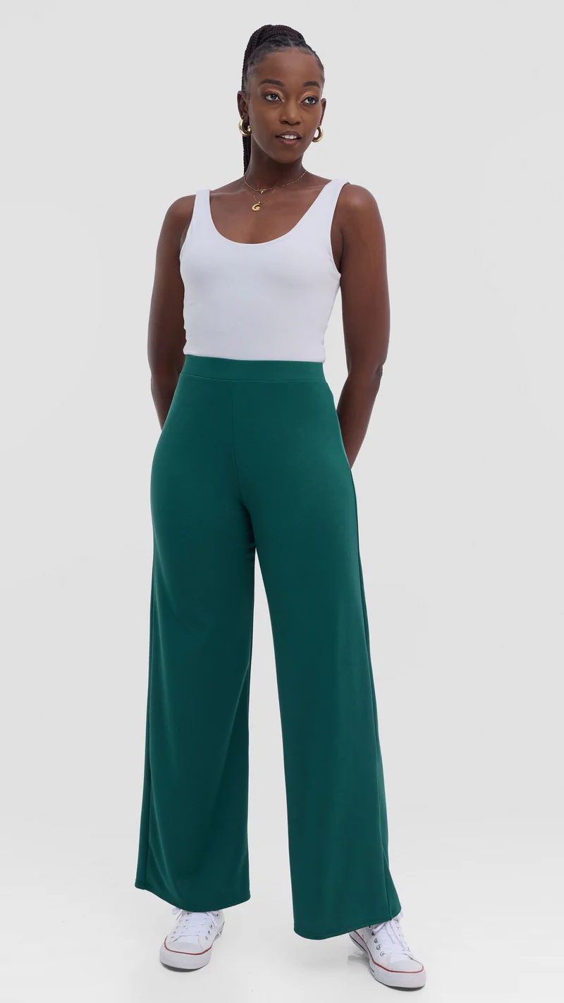 Vivo Selah Palazzo Pants in Stretch Rib Stretch Rib - Dark Green