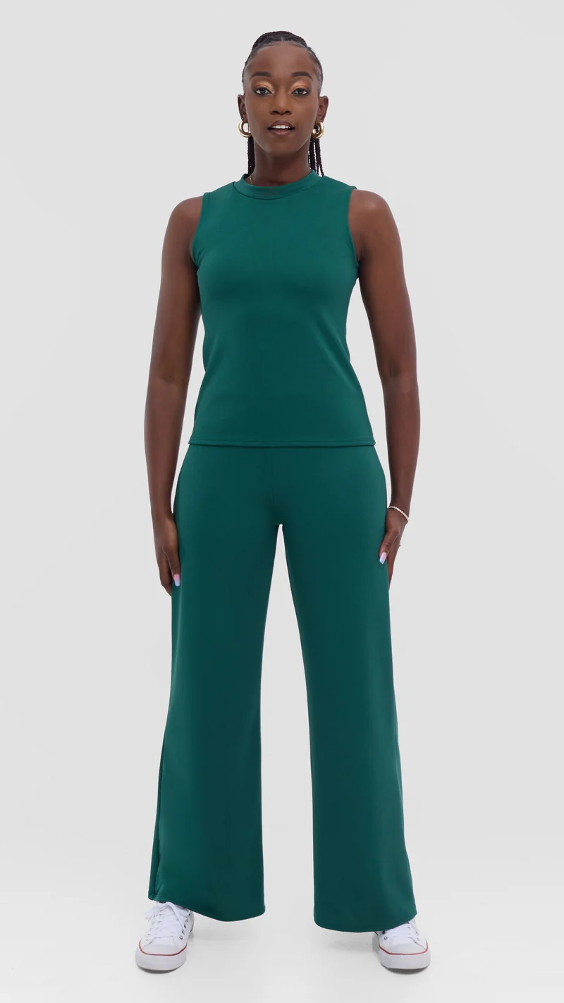 Vivo Selah Palazzo Pants in Stretch Rib Stretch Rib - Dark Green