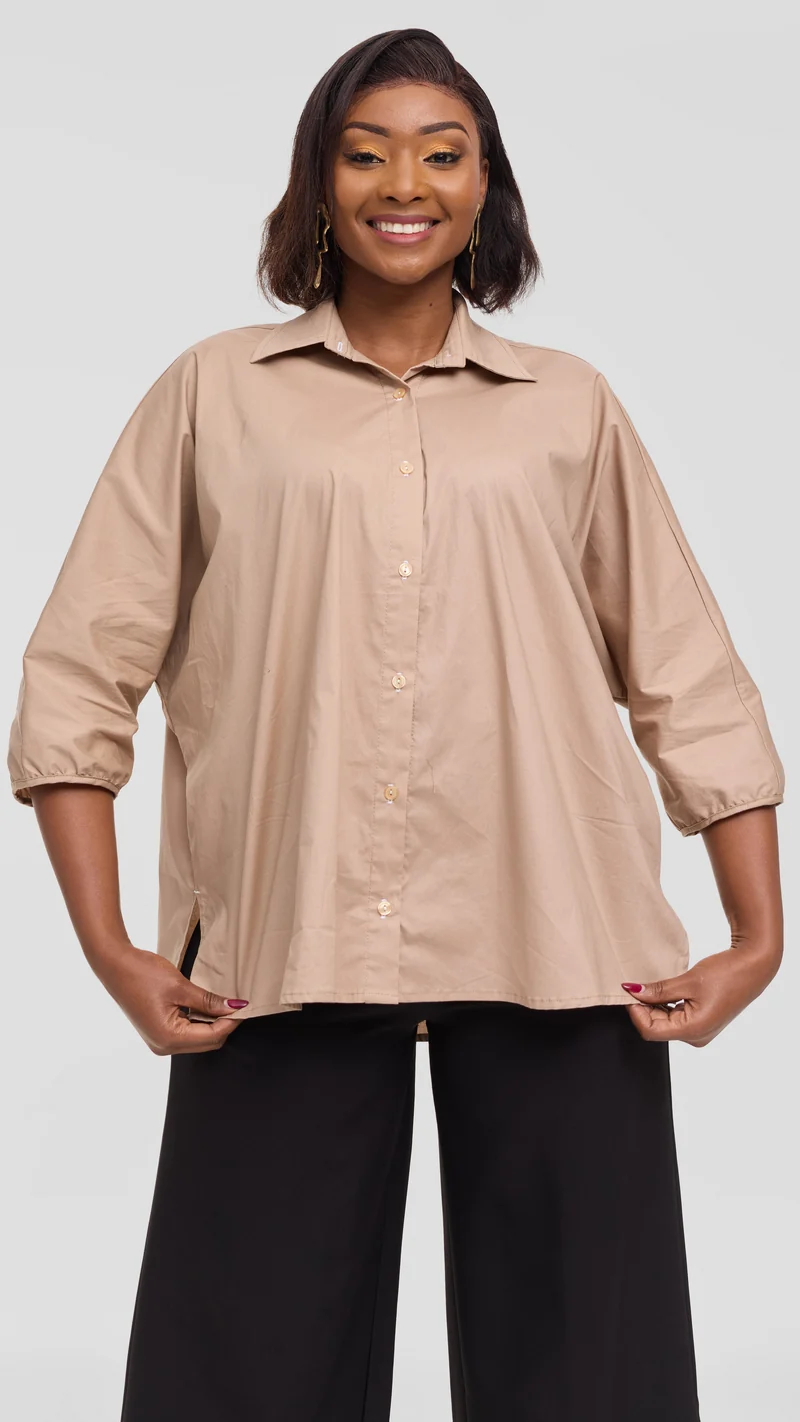 Vivo Back Pleat Loose Top in Cotton - Light Taupe