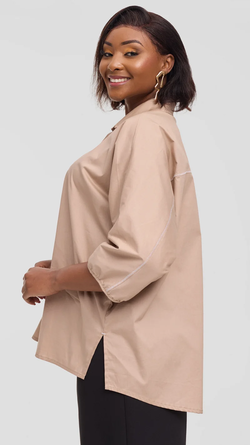 Vivo Back Pleat Loose Top in Cotton - Light Taupe