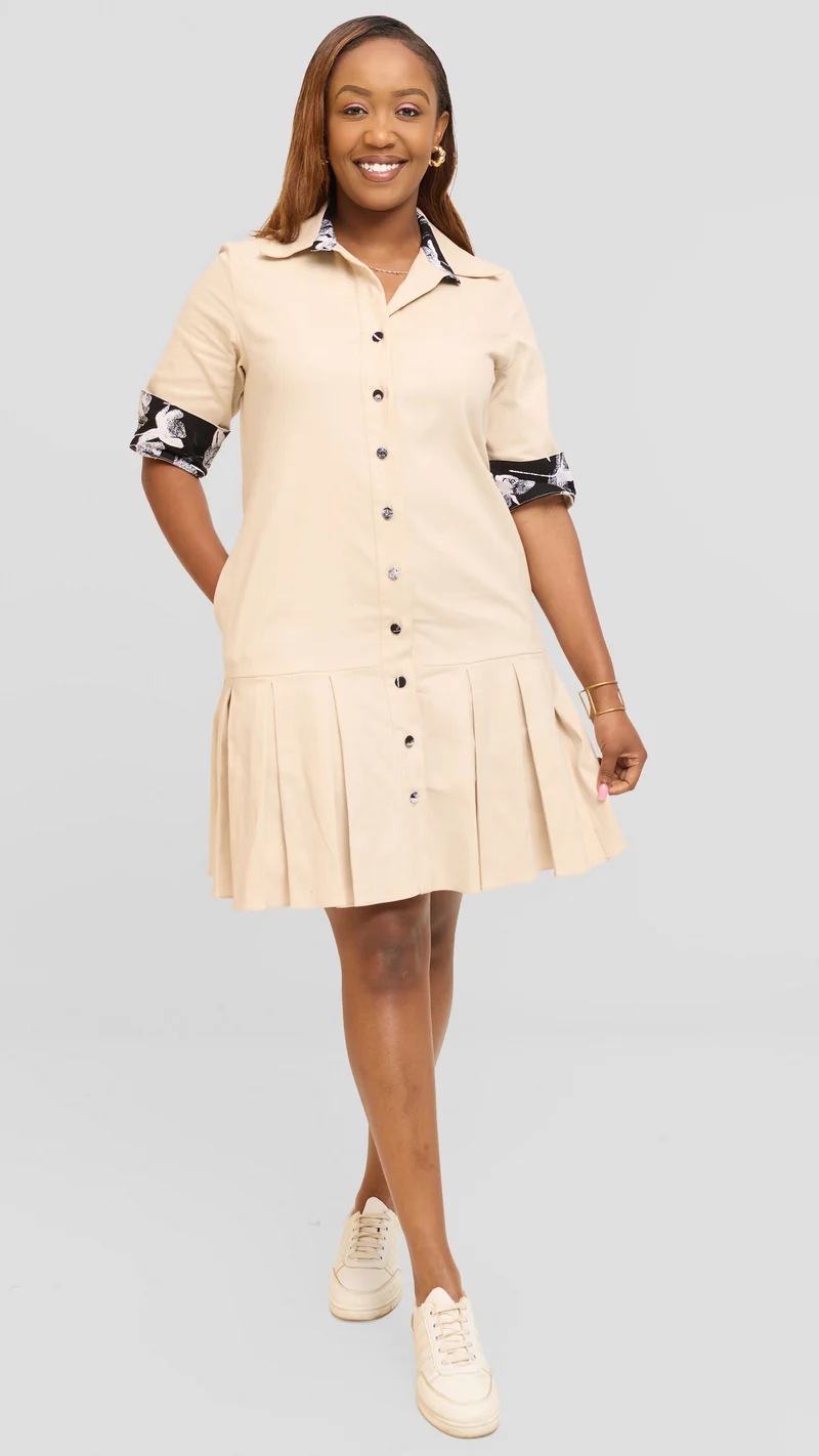 Safari by Vivo Pleated Dress in Cotton - Beige
