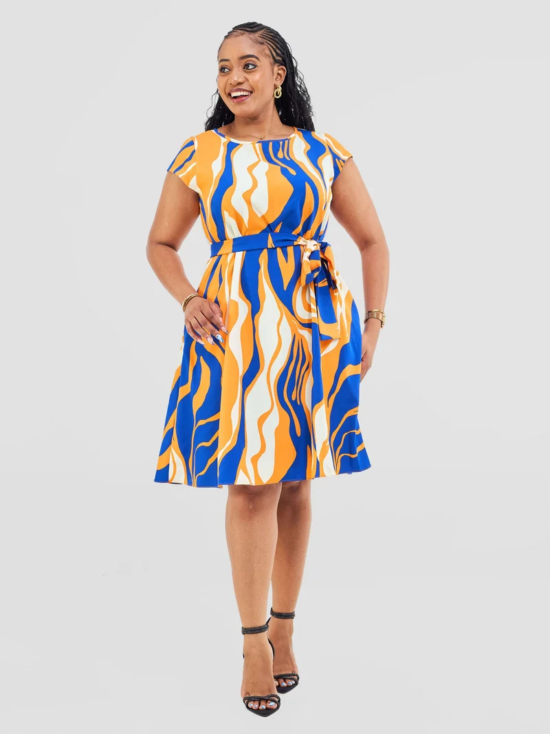 Vivo Basic Cap Sleeve Knee Length Tent Dress -Cobalt / Orange Capi Print