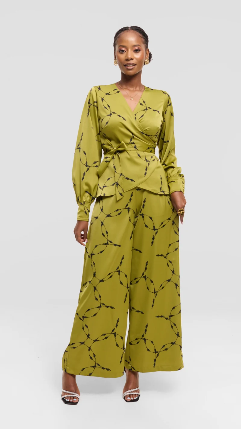 Vivo Merika Wrap Top in Satin - Olive / Black Shina Print
