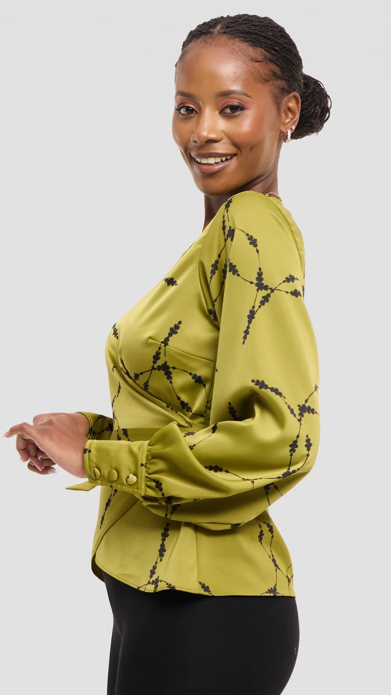 Vivo Merika Wrap Top in Satin - Olive / Black Shina Print