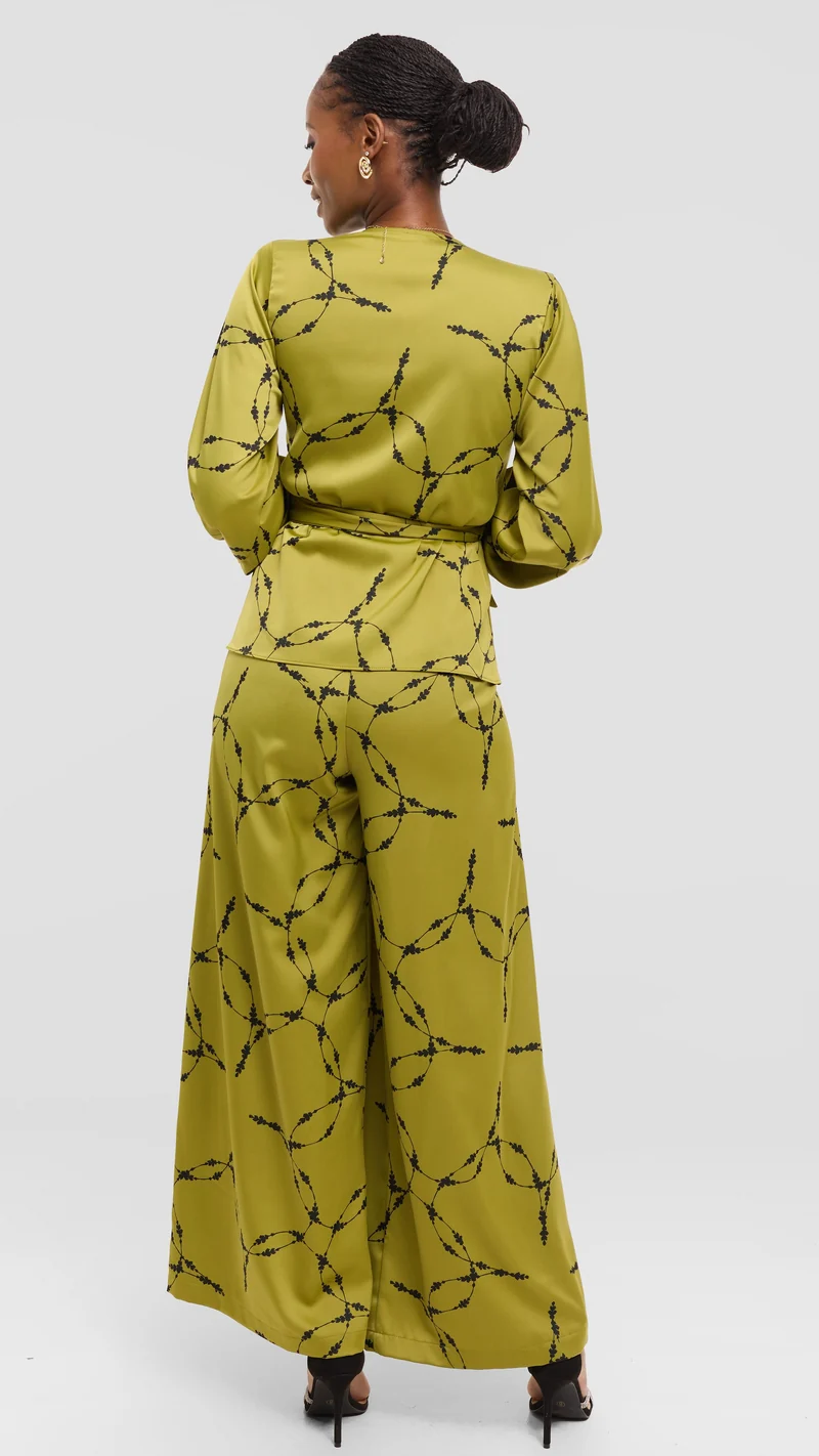 Vivo Merika Wrap Top in Satin - Olive / Black Shina Print
