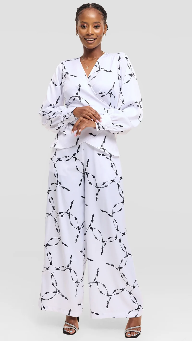 Vivo Merika Wrap Top in Satin - White / Black Shina Print