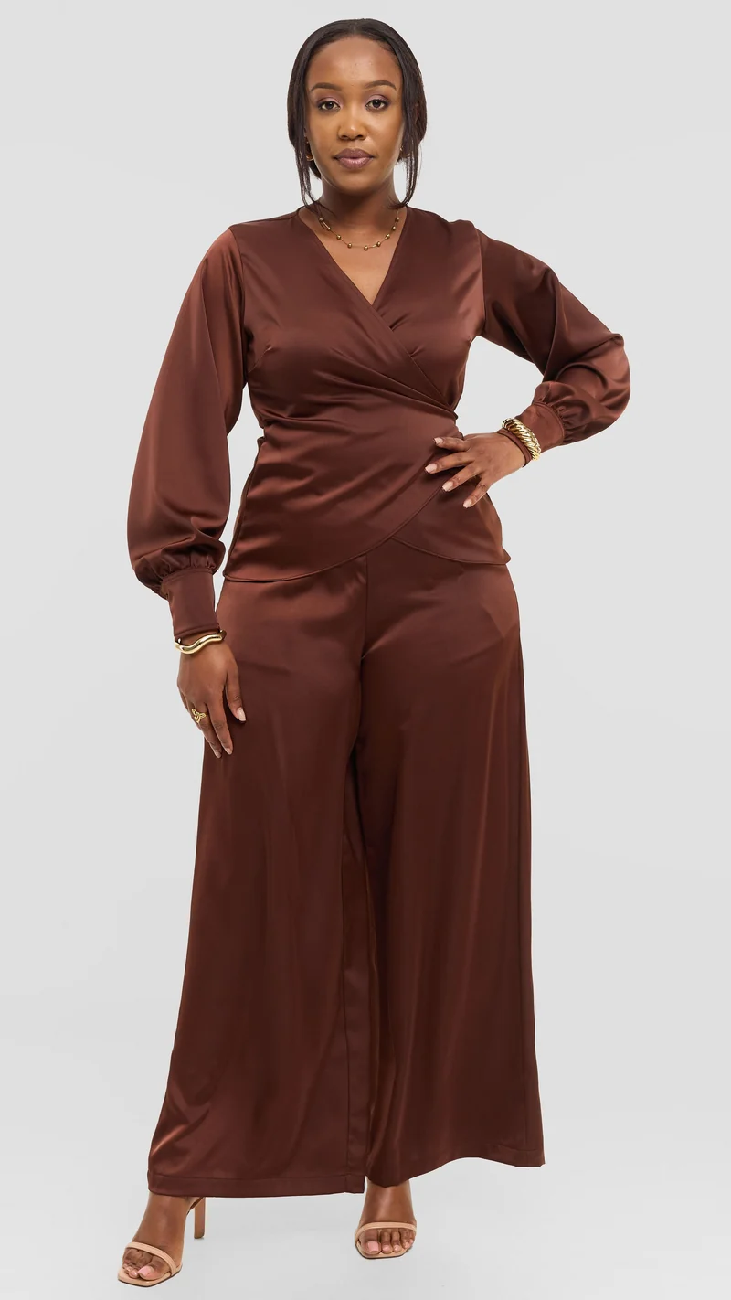 Vivo Merika Wrap Top in Satin - Chocolate