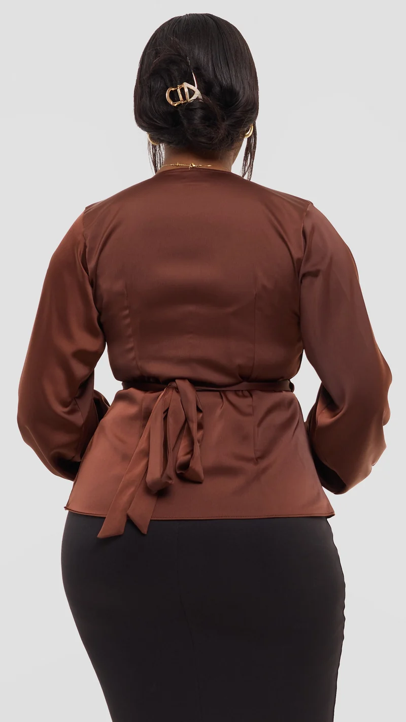 Vivo Merika Wrap Top in Satin - Chocolate