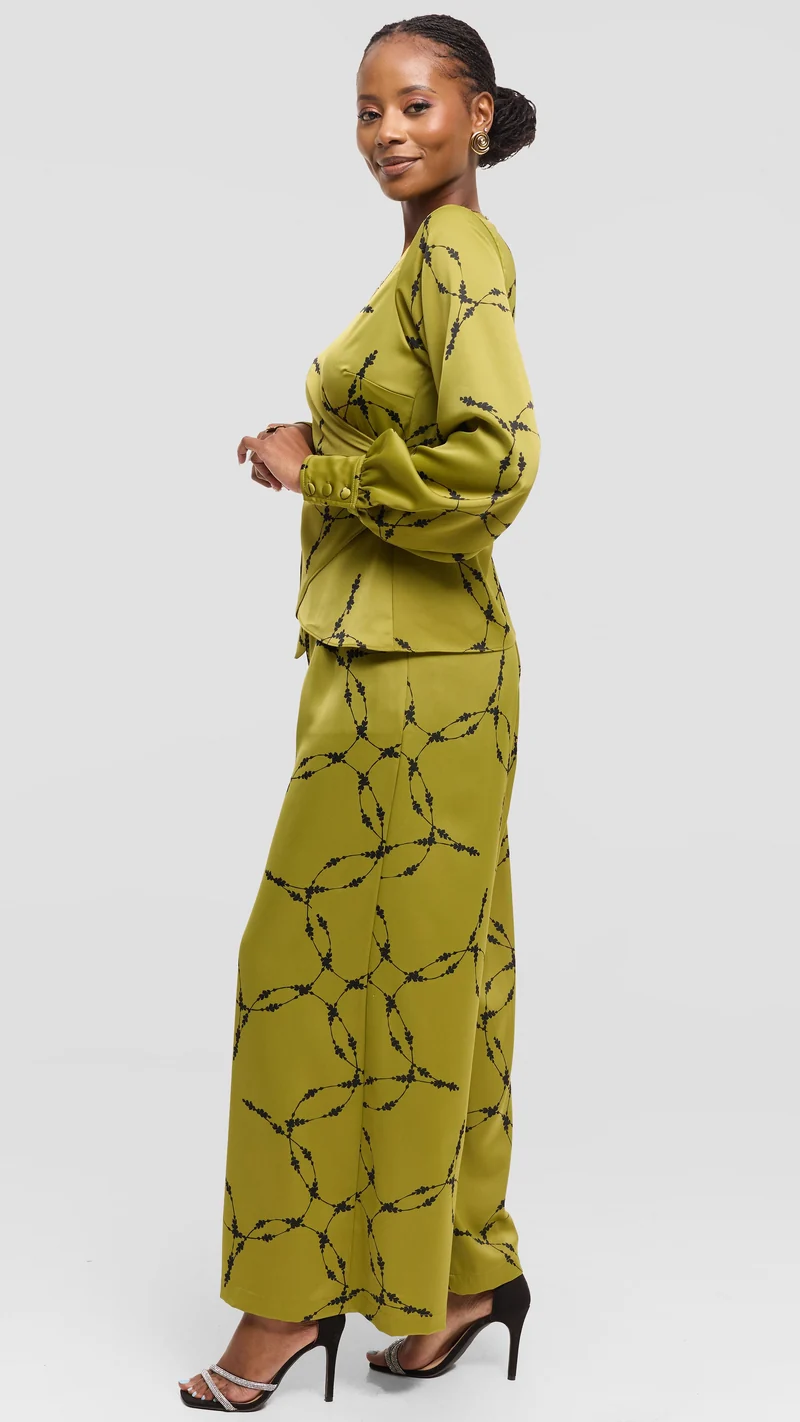Vivo Essi Wide Leg Pants in Satin - Olive / Black Shina Print