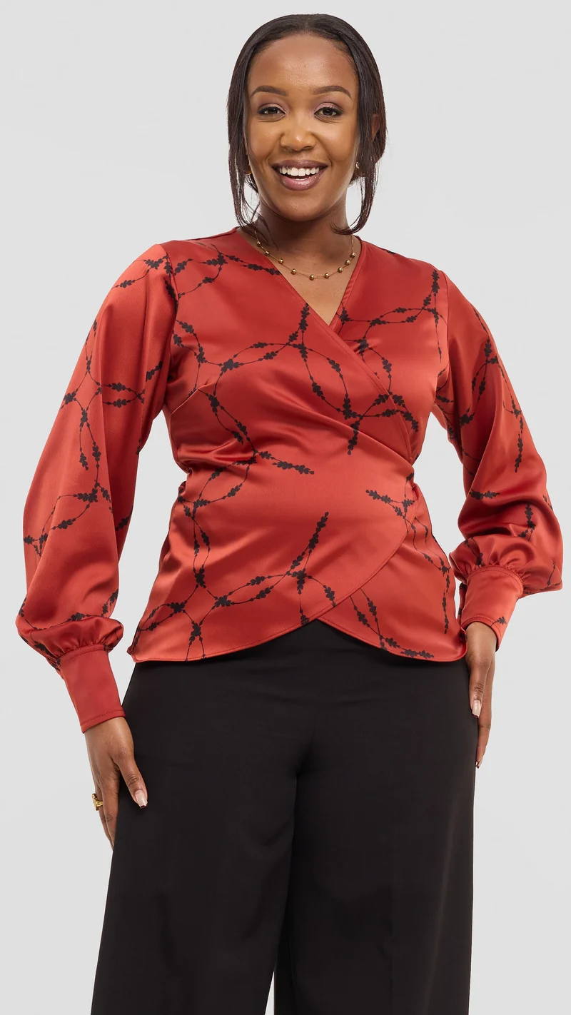Vivo Merika Wrap Top in Satin - Rust / Black Shina Print