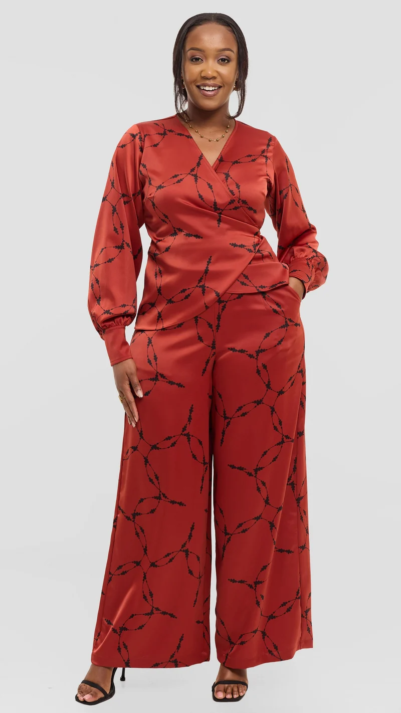 Vivo Merika Wrap Top in Satin - Rust / Black Shina Print