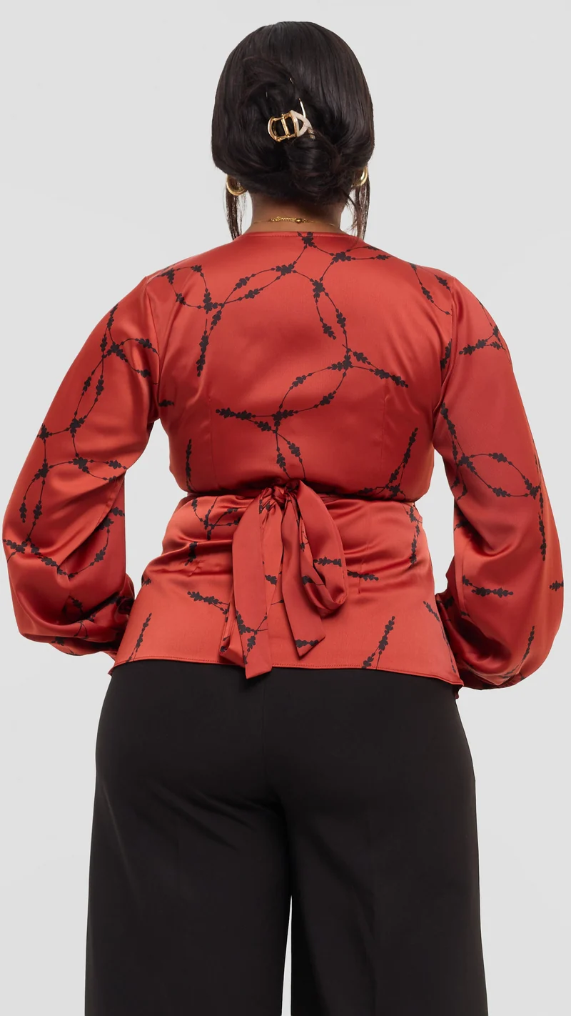 Vivo Merika Wrap Top in Satin - Rust / Black Shina Print