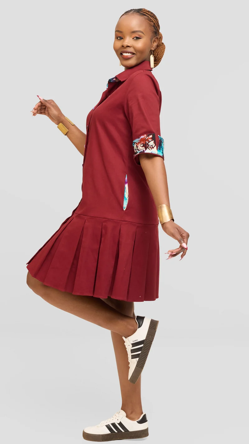 Safari by Vivo Pleated Dress in Cotton - Maroon