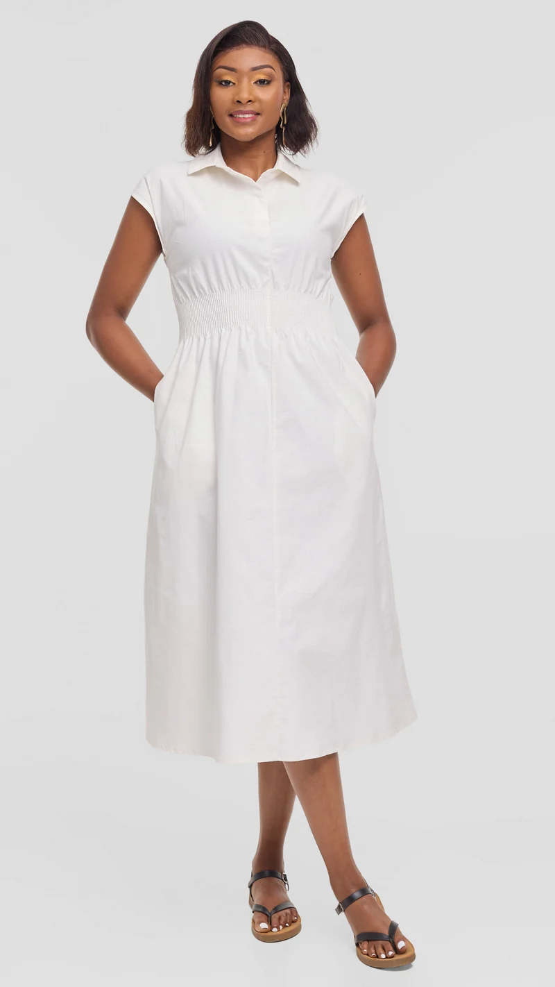 Safari by Vivo Shirred Waist Midi Dress in Cotton - Off White