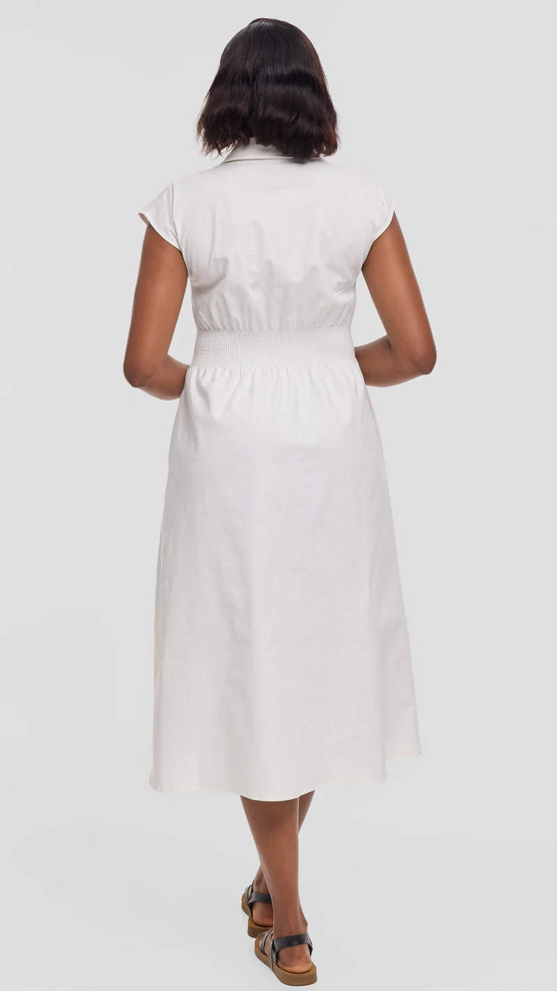 Safari by Vivo Shirred Waist Midi Dress in Cotton - Off White