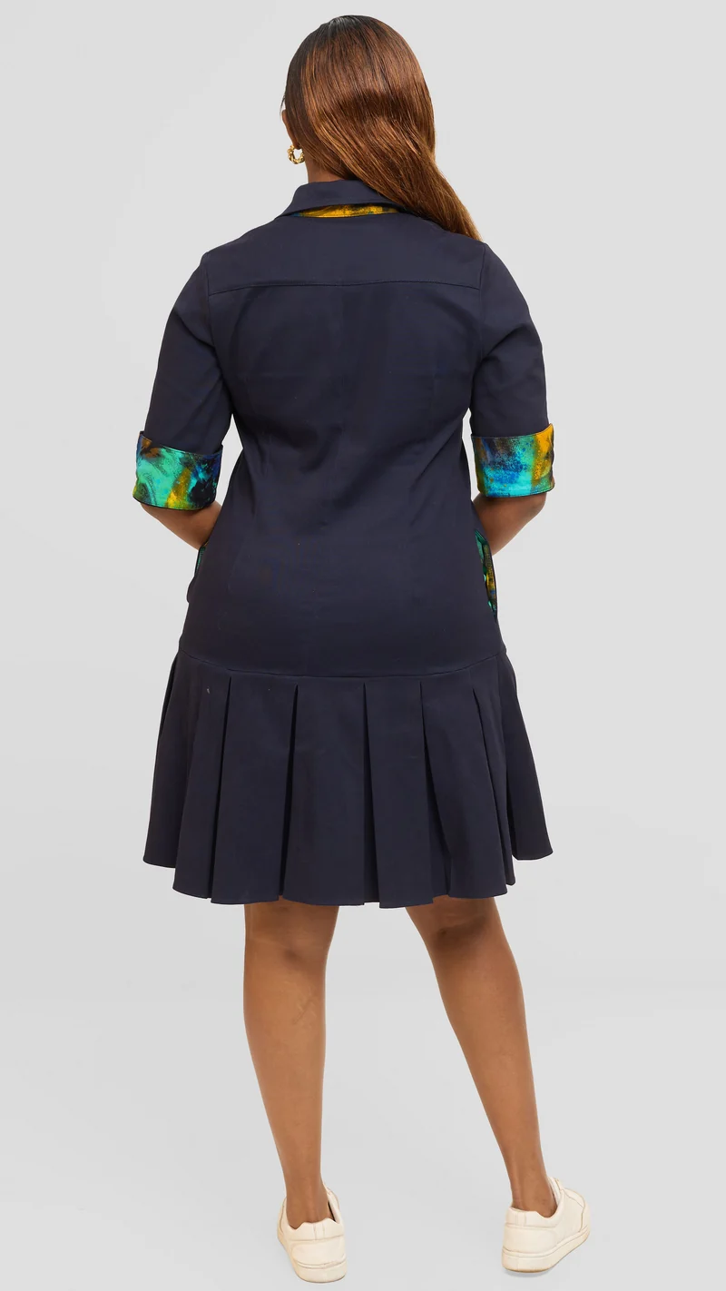 Safari by Vivo Pleated Dress in Cotton - Navy