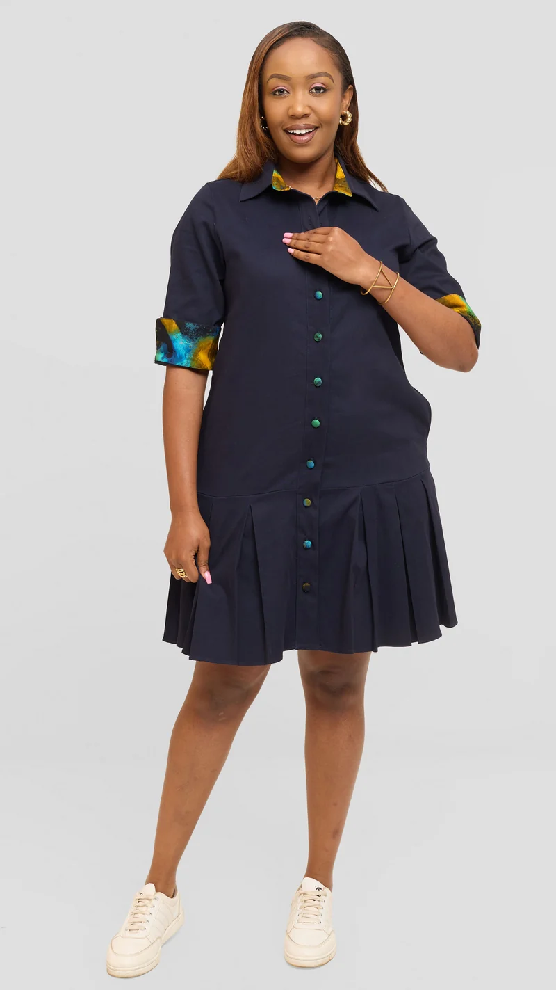 Safari by Vivo Pleated Dress in Cotton - Navy