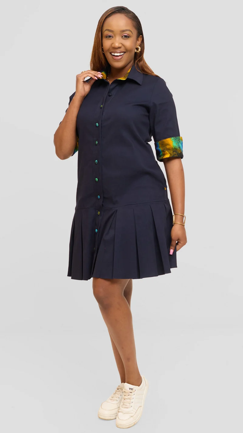 Safari by Vivo Pleated Dress in Cotton - Navy