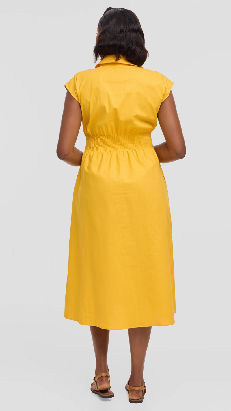 Safari by Vivo Shirred Waist Midi Dress in Cotton - Mustard