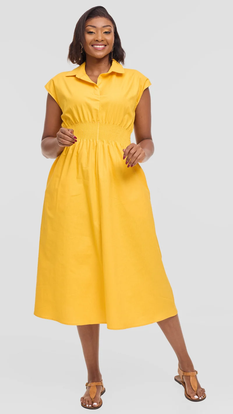 Safari by Vivo Shirred Waist Midi Dress in Cotton - Mustard