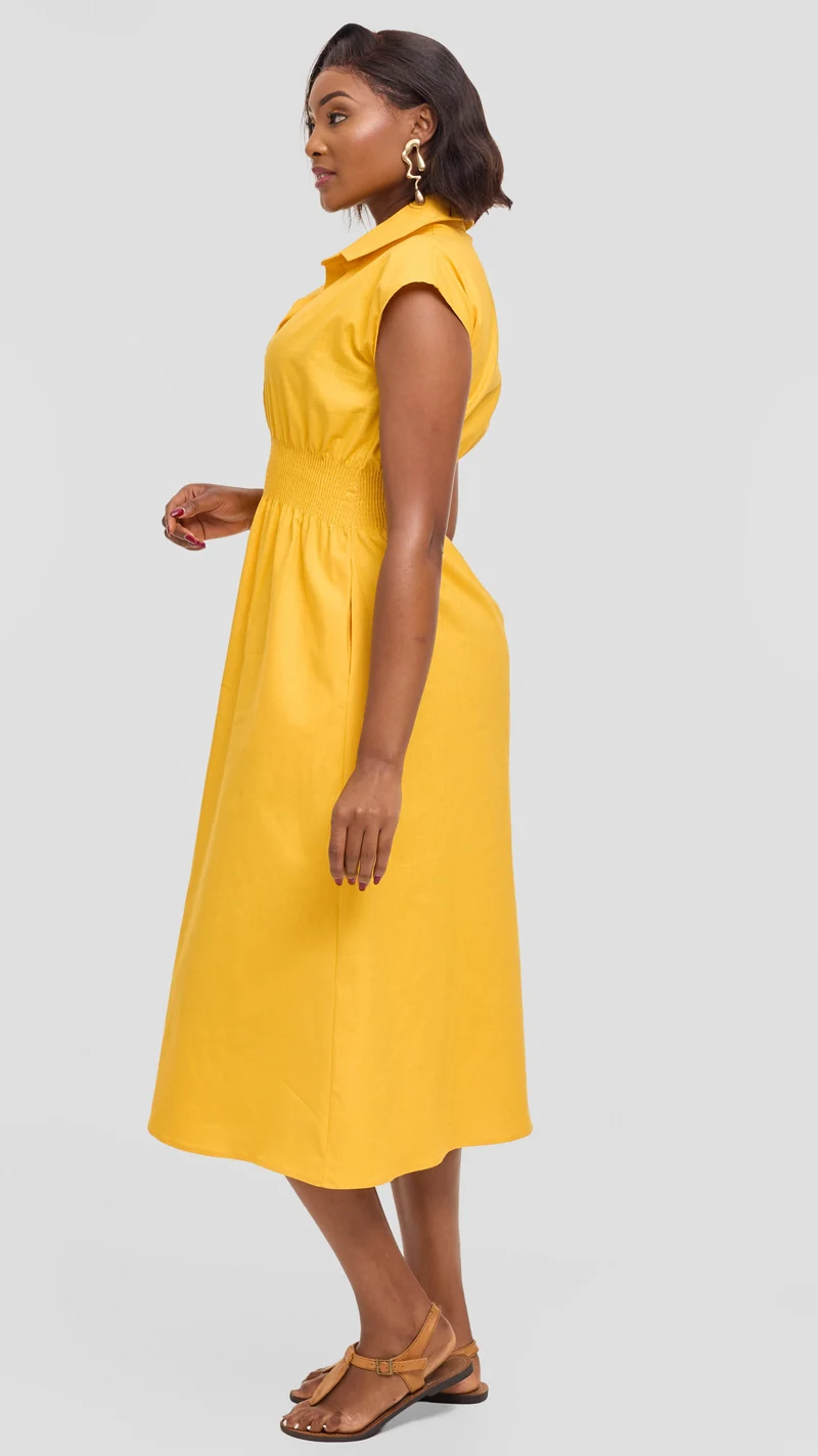 Safari by Vivo Shirred Waist Midi Dress in Cotton - Mustard