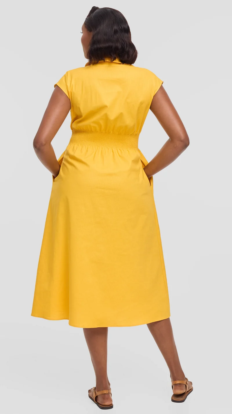 Safari by Vivo Shirred Waist Midi Dress in Cotton - Mustard