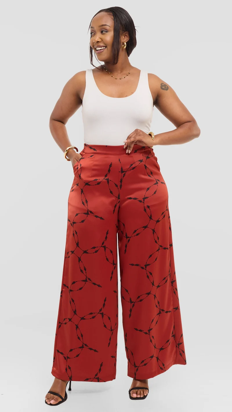 Vivo Essi Wide Leg Pants in Satin - Rust / Black Shina Print