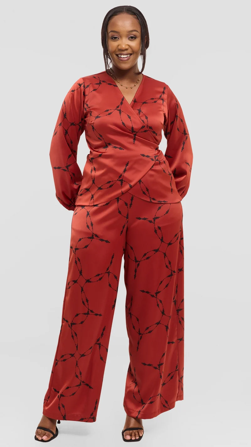 Vivo Essi Wide Leg Pants in Satin - Rust / Black Shina Print