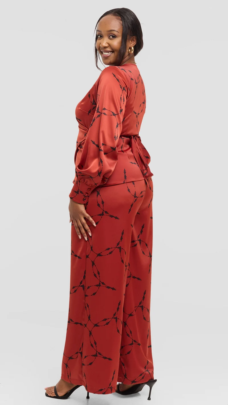 Vivo Essi Wide Leg Pants in Satin - Rust / Black Shina Print