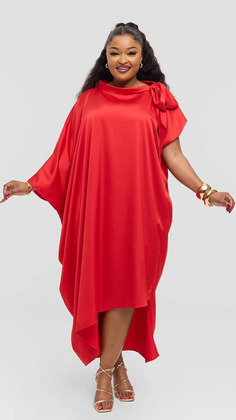 Vivo Takali Asymmetrical Midi Length Kaftan In Satin - Red