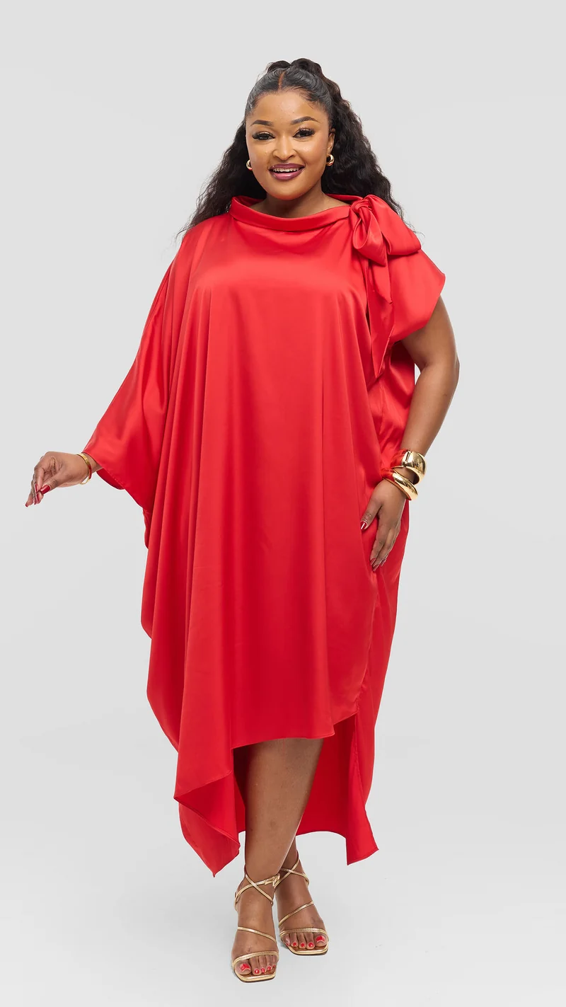 Vivo Takali Asymmetrical Midi Length Kaftan In Satin - Red