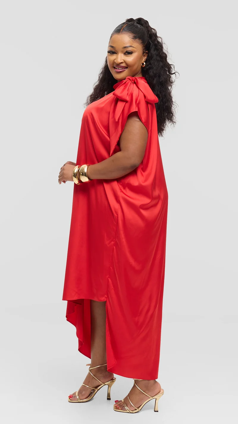 Vivo Takali Asymmetrical Midi Length Kaftan In Satin - Red