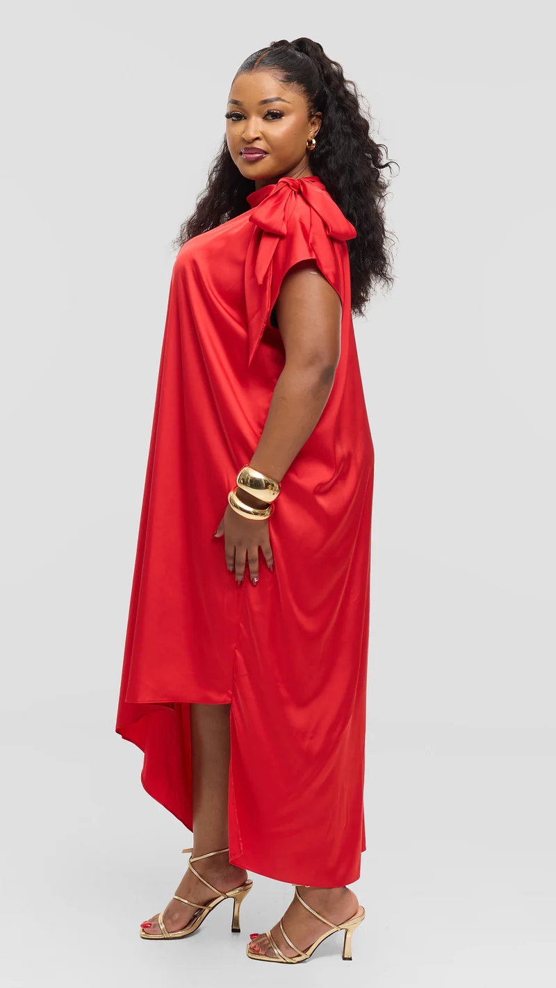 Vivo Takali Asymmetrical Midi Length Kaftan In Satin - Red